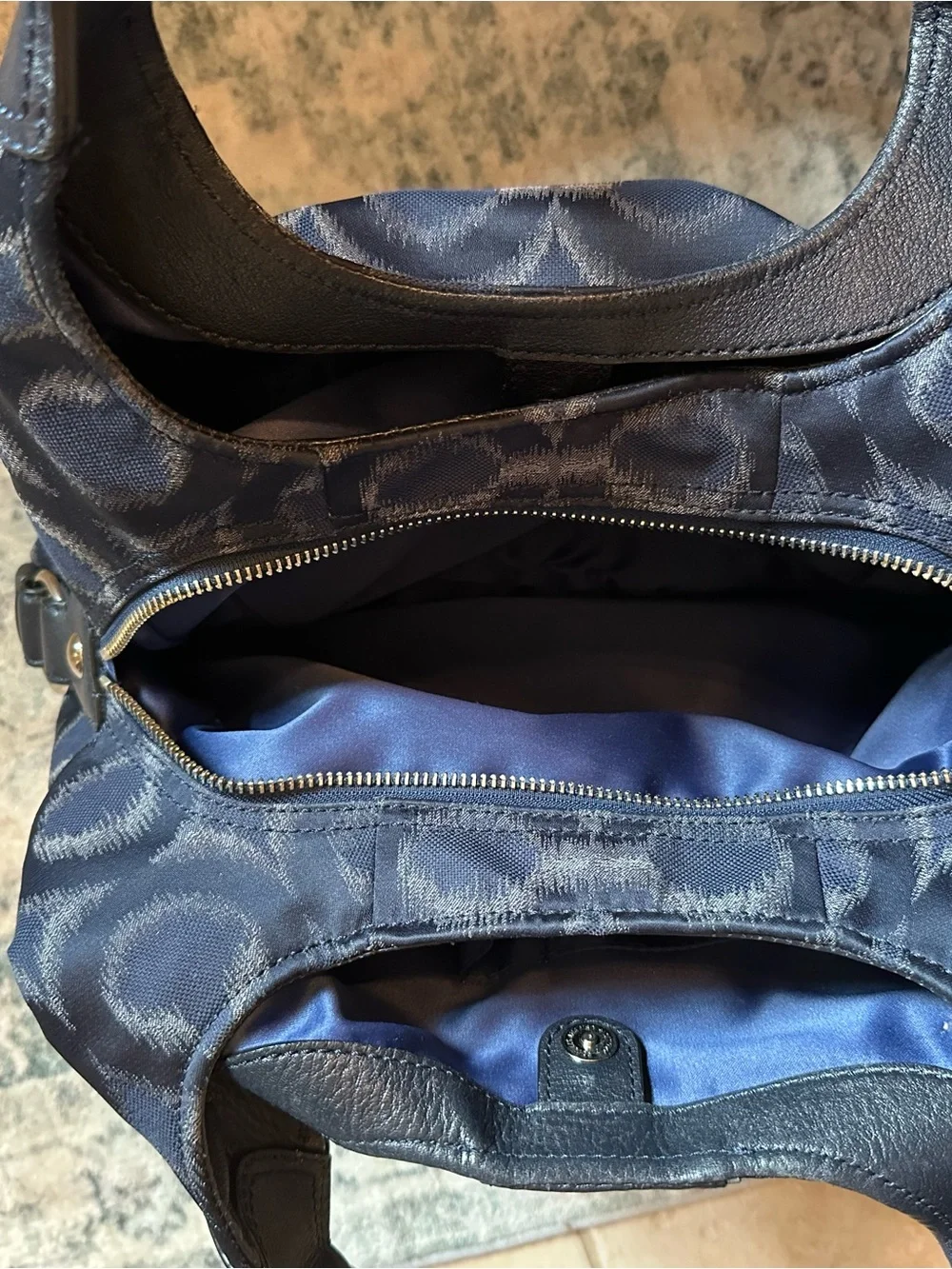 Coach Navy Signature Jacquard Shoulder Bag with Leather Straps